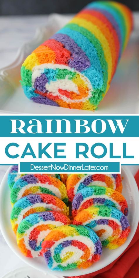 White Jelly Roll Cake, Swiss Roll Decoration Ideas, Funfetti Cake Roll, Rainbow Cake Roll, Swiss Roll Birthday Cake, Rainbow Cake Easy, Rainbow Roll Cake, Rainbow Sponge Cake, Strawberry Rainbow Cake