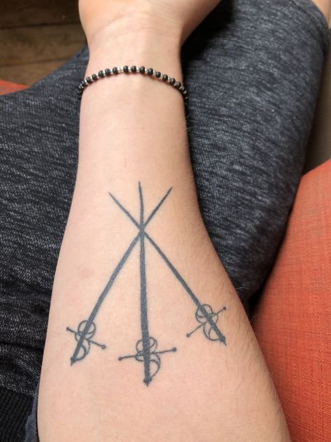 Tattoos For Trios Men, Trio Tattoos Friends Men, Musketeer Tattoo, Three Musketeers Tattoo, 3 Musketeers Tattoo, Small Writing Tattoos, Little Cross Tattoos, Bro Tattoos, Cross Tattoo On Hand