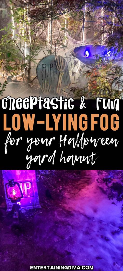 Creeptastic And Fun Low-lying Fog For Your Halloween Yard Haunt Low Lying Fog Machine, How To Make Fog Without Fog Machine, Diy Outdoor Halloween Decorations Cheap, Fog Machine Photoshoot, Haunted Woods Ideas, Halloween Yard Decorations Ideas, Diy Fog Machine, Diy Fog, Diy Halloween Bottles