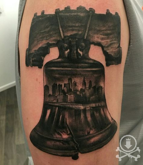 Black and grey liberty bell tattoo by Mike Sedges. #12ozstudios #team12oz #tattoo #tattoos #tattooed #tattooart #tattooartist #tattooshop #newjerseytattoos #phillytattoos #ink #inked #libertybell #libertybelltattoo #Philly #Phillytattoo #Philadelphia #history #blackandgrey #tattoosformen #tattoosforwomen Philly Tattoo Ideas, Liberty Bell Tattoo, Philly Tattoo, Philadelphia Tattoo, Bell Tattoo, Belle Tattoo, Philadelphia History, Honeycomb Tattoo, Skyline Tattoo