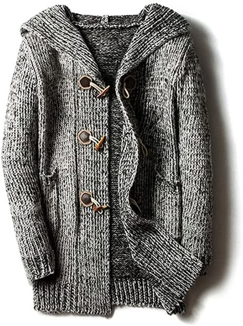 chouyatou Men's Chunky Toggle Button Mid-Length Knitted Cardigan Sweater Attached Hood at Amazon Men’s Clothing store Irish Clothes, Hunger Games Dr, Mens Long Sleeve Shirts, Knitting For Men, Casual Winter Coat, Cardigan For Men, Sweater Jackets, Cotton Loungewear, Grandpa Style