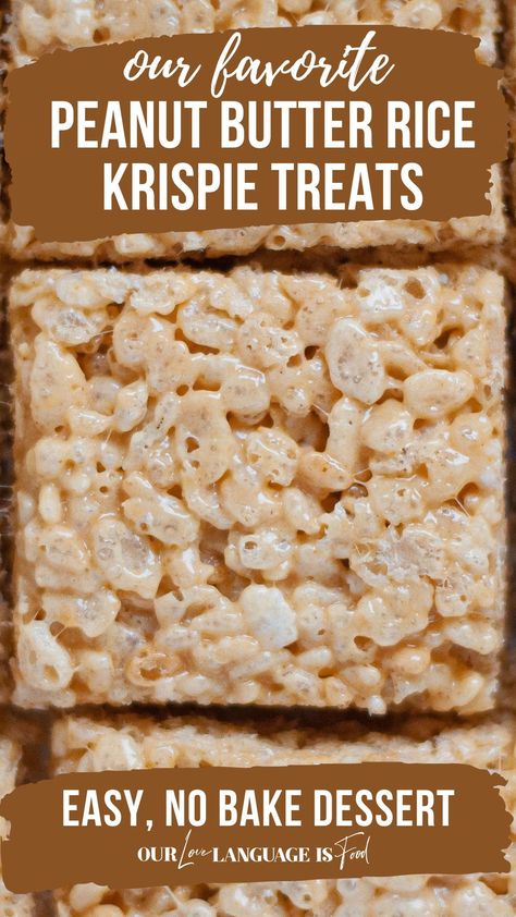 These easy peanut butter rice krispie squares are a fun twist on classic rice krispie bars. If you're looking for fun no bake party desserts, easy party desserts, potluck desserts, or easy after school treats be sure to SAVE this peanut butter rice krispie treats recipe to make ASAP! Rice Krispie Peanut Butter Squares, Rice Crispy Treats With Peanut Butter, Rice Krispie Treats Peanut Butter, Peanut Butter Rice Krispie Squares, Peanut Butter Rice Krispie Treats Recipe, Desserts Potluck, Peanut Butter Rice Crispy Treats, Peanut Butter Rice Crispies, Rice Crispy Bars