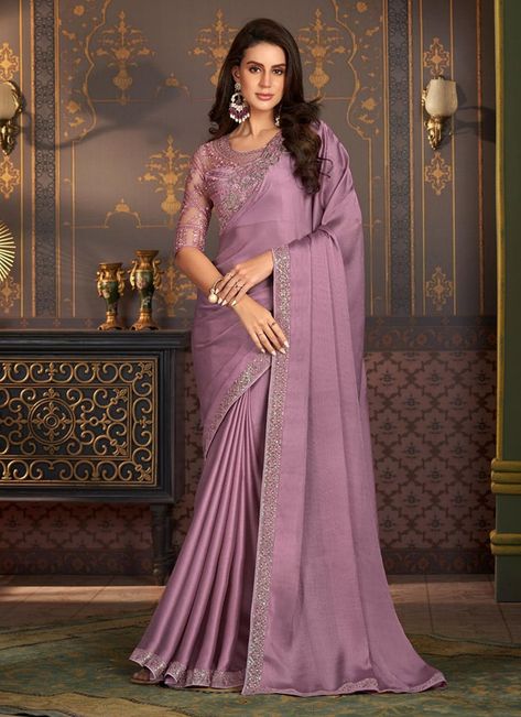 Saree In Purple Colour, Elegant Purple Festive Saree, Elegant Purple Party Saree, Purple Chinon Saree For Festivals, Luxury Purple Chinon Saree, Lavender Silk, Indian Designer Sarees, Simple Sarees, Satin Saree