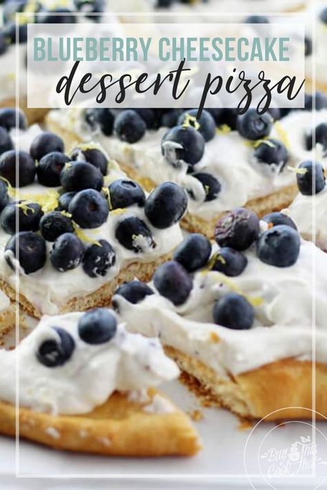 This irresistible Blueberry Cheesecake Dessert Pizza uses only six ingredients and is ready in 30 minutes. Yes and YAS! Gorgeous fresh blueberries floating in a cloud of no-bake cheesecake fluff upon a crescent roll crust. Heavenly!    #dessertpizza #nobakedessert Blueberry Pizza Dessert, Blueberry Dessert Pizza, Blueberry Pizza, Blueberry Cheesecake Dessert, Easy Dessert Pizza, Cookie Dough Crust, Cheesecake Fluff, Crescent Roll Crust, Dessert Pizza Recipes