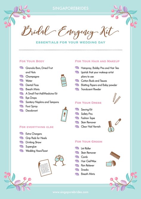 Bridal Emergency Kit Checklist by SingaporeBrides Bridal Emergency Kit List, Emergency Kit List, Bridal Shower Timeline, Bridal Shower Checklist, Bridal Emergency Kits, Wedding Survival Kits, Wedding Checklist Budget, Wedding Emergency Kit, Wedding Day Checklist