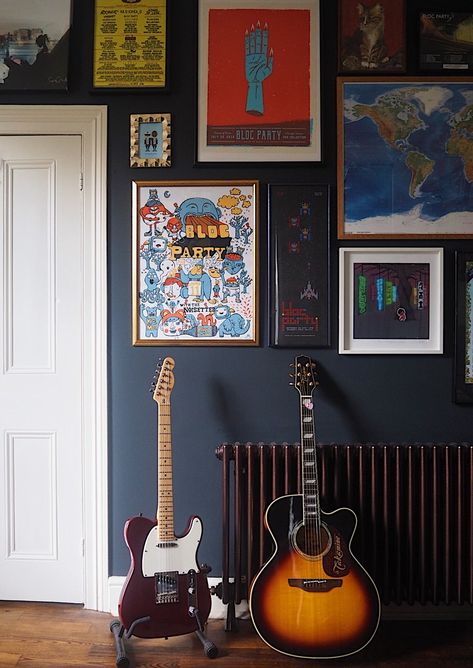 Music Inspired Office Design, Office Guitar Room, Music Room Wall Ideas, Masculine Music Room, Dark Blue Gallery Wall, Masculine Gallery Wall Ideas, Music Game Room, Gallery Wall Masculine, Music Room Gallery Wall