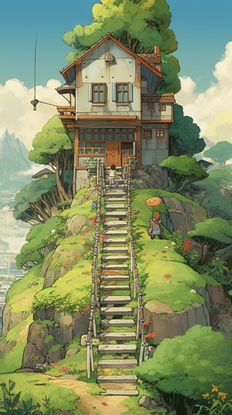 Environment Concept Art Sketch, Ghibli Architecture, Ghibli House, Ghibli Scenery, Meeting Celebrities, Anime Houses, Anime House, Studio Ghibli Background, Most Paused Movie Scenes