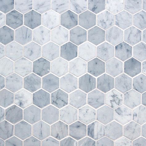 Marble Mosaic - Elegance Collection - Italian Carrara White Hexagon / 2"x2" / Honed Coastal Bathroom Tile, Stone Floor Bathroom, Blue Backsplash Kitchen, Colorful Backsplash, Full Bathroom Remodel, Blue Backsplash, Kitchen Mood Board, Hexagonal Mosaic, Bathroom Backsplash