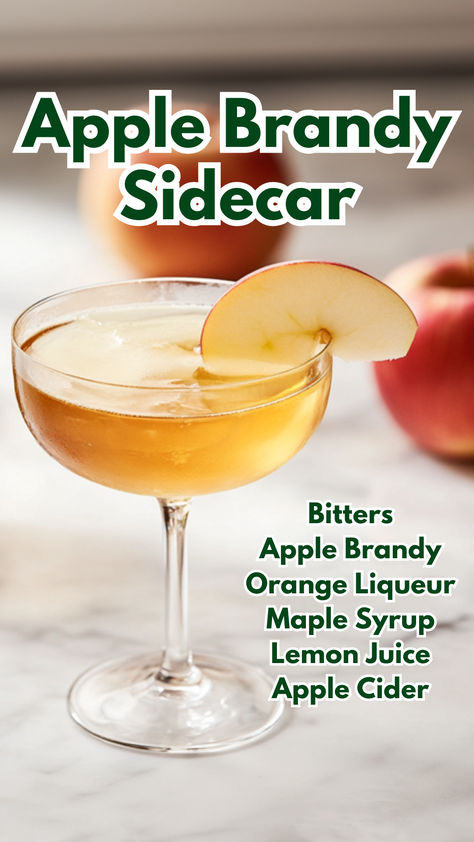 Apple Brandy Sidecar Apple Cider Sidecar, Apple Cider Brandy Cocktail, Apple Brandy Drinks, Apple Brandy Cocktail, Autumn Beverages, Maple Cocktail, Liqueur Cocktails, Cocktail Cards, Sidecar Cocktail