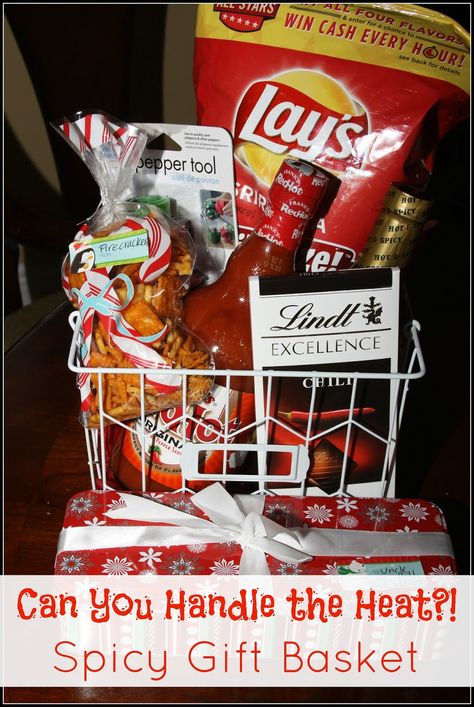 Can You Handle The Heat?! - Spicy DIY Gift Basket Spicy Gift Basket Ideas, Chinese Auction, Diy Gift Basket, Snack Gift Baskets, Fire Man, Basket Gifts, Boyfriend Gift Basket, Handle The Heat, Bday Gifts