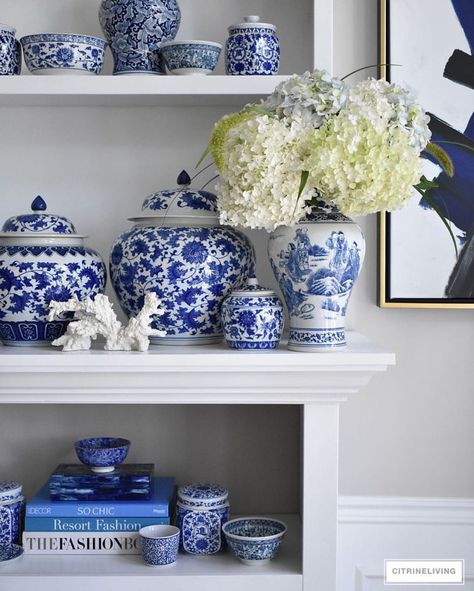 Blue and white ginger jars always look gorgeous in built-ins.  They definitely make a statement! Blue And White Vases Decor, Blue And White Ginger Jars, Quotes Outdoors, Celebrities Tattoos, Animals Quotes, Chinoiserie Decor, Blue And White Living Room, Blue Notes, Best Places To Shop