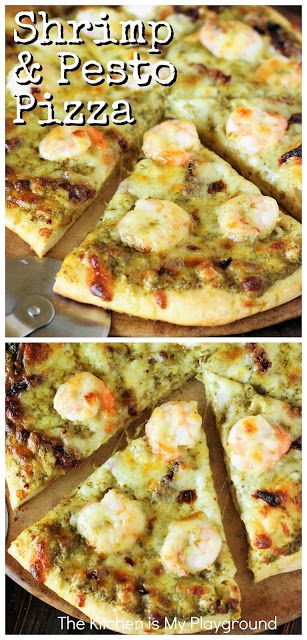 Shrimp & Pesto Pizza with Sun-Dried Tomatoes ~ Think outside the pizza box with homemade shrimp & pesto pizza! An amazing flavor combination that may just become a new family favorite.  www.thekitchenismyplayground.com Pescatarian Pizza Recipes, Seafood Cravings, Shrimp Pizza, Pesto Pizza Recipe, Dinner Recepies, Ooni Pizza, Pesto Recipes, Seafood Pizza, Pesto Shrimp