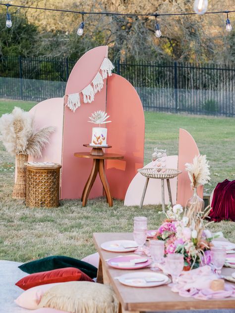 Boho Chic Glamping Party - a Rentable Tent Experience — Mint Event Design Camp Lazlo, Glamping Birthday Party, Glamping Birthday, Macrame Garland, Pink Dinner Plates, Glamping Party, Dessert Station, Bell Tent, Diy Bedroom