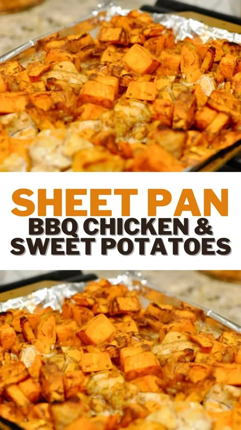 Sheet Pan Barbecue Chicken & Sweet Potatoes has all of the sweet and smokey flavors of your favorite bbq - slightly spicy and so flavorful. Sheet pan dinners are such easy meals - they make for easy weeknight freezer meals too. Bbq Chicken Sweet Potato Sheet Pan, Sheet Pan Dinners Chicken Sweet Potatoes, Healthy Dinner Recipes Chicken Sweet Potato, Macro Sheet Pan Meals, One Pan Chicken And Sweet Potatoes, Sheet Pan Barbecue Chicken Dinner, Sheet Pan Barbecue Chicken, Bbq Chicken Sweet Potato Bake, Sheet Pan Chicken Sweet Potatoes