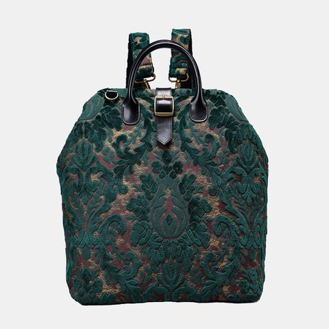 Embrace timeless elegance with MCW's Victorian-inspired carpet laptop backpack, where classic design meets modern functionality. This unique bag beautifully blends the charm of traditional carpet bags with contemporary textures for a striking statement piece. Crafted from thick carpet fabric or rich burnout velvet, the main body exudes luxury and durability. Genuine leather handles and belts, complemented by a sturdy cotton canvas lining, ensure both comfort and style. Inside, a padded cotton la Designer Makeup, Traditional Carpet, Large Travel Bag, Work Tote Bag, Burnout Velvet, Carpet Bag, Mens Travel Bag, Laptop Rucksack, Green Carpet