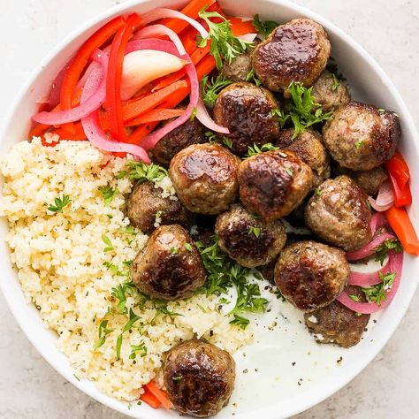 Meatballs And Quinoa, Meatball Quinoa Bowl, The Wooden Skillet, Quick Pickled Veggies, Garlic Quinoa, Greek Meatballs Recipe, Greek Turkey Meatballs, Greek Cucumber Salad, Greek Quinoa