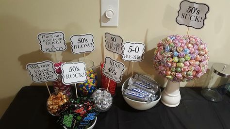 Birthday candy bar 60th Birthday Candy Table, 50 Birthday Gift Baskets, Birthday Party Candy Table, Birthday Candy Table, Candy Puns, Candy Buffet Birthday, Birthday Candy Bar, Birthday Party Checklist, 80 Birthday