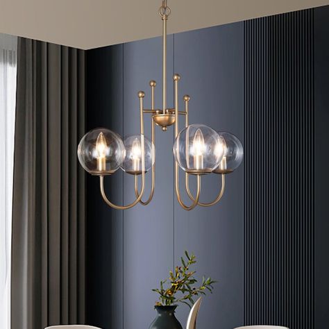 House of Hampton® 4 - Light Unique / Statement Geometric Chandelier With Glass Globe Shade | Wayfair Small Chandelier Dining Room, 2 Chandeliers Over Dining Table, Statement Ceiling Light, Dining Room Lighting Over Table, Candelabra Lamp, Low Ceiling Chandelier, Small Hanging Lights, Houses Inside, Modern Gold Chandelier