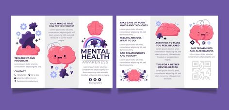 Free vector flat world mental health day... | Free Vector #Freepik #freevector #education-day #education-brochure #health-brochure #education-design Health Services Brochure, Psychology Brochure Design, Mental Health Brochure Layout, Health Brochure Design, Brochure Education, Brochures Ideas, Health Brochure, Types Of Mental Health, Education Brochures