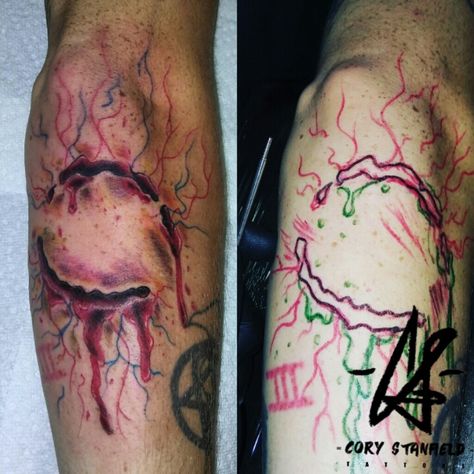 Fun awesome custom zombie bite on my homie :) #zombietattoo #zombiebitetattoo #halloweentattoo #eternalinks #sinkinginktattoos #funtattoos #goretattoos #inkthepeople #guyswithtattoos #lakelandartist #lakelandtattooartist #lakelandtattoos #floridatattoos #halloweensoon🎃 Zombie Bite Tattoo, Bite Me Tattoo, Zombie Bite, Zombie Tattoos, Florida Tattoos, Piercing Inspiration, Clever Tattoos, Horror Tattoo, Hand Tattoos For Guys