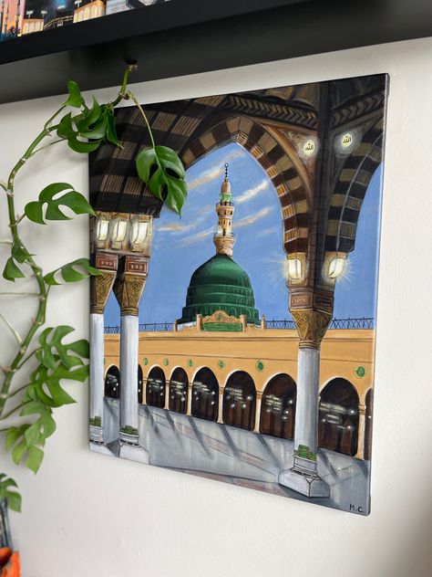 Masjid Painting Islamic Art, Badshahi Mosque Painting, Islamic Paintings Wall Art, Mosque Painting Islamic Art, Mosque Art Painting, Madina Painting Islamic Art, Madinah Painting, Masjid Nabawi Painting, Madina Painting