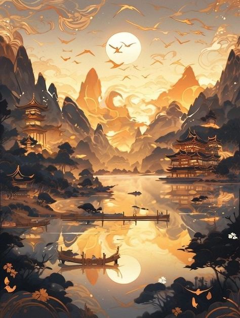 Ancient China Fantasy Art, Ancient China Aesthetic, Lockscreen Themes, Dreamy Artwork, Art Gallery Wallpaper, Landscape Artwork, Cool Wallpapers Art, China Art, Beautiful Landscape Wallpaper