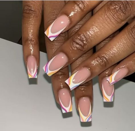 Yellow French Tip Acrylic Nails, Square French Tip Nails With Design, Short Summer Nails 2020, Creative French Tip Nails, Holiday French Tip Nails, Holiday Nails Summer Acrylic, Unique Nail Designs Summer, Yellow French Tip Nails, Baddies Nails