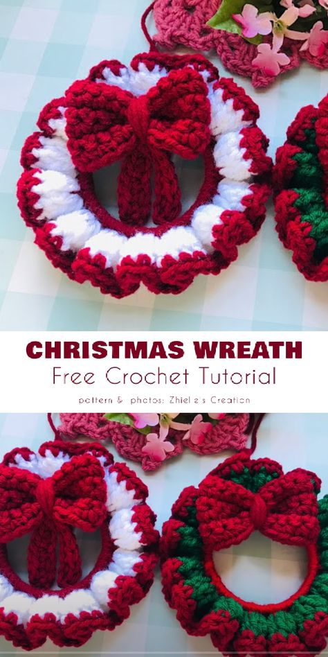 Crochet Christmas Ornaments Free Ideas, Christmas Decor Ideas In Crochet, Crochet Christmas Wreath Applique, Free Crochet Patterns For Christmas Wreaths, Christmas Crocheted Ideas, Christmas Crafts To Crochet, Mini Crochet Christmas Wreaths, Mini Crochet Santa Hat Free Pattern, Fast Crochet Ornaments