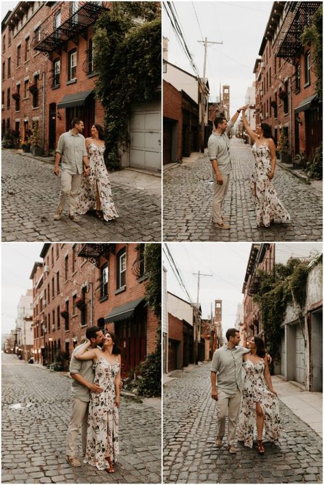 Hoboken Engagement Shoot, Cobblestone Engagement Photos, Hoboken Engagement Photos, Nj Engagement Photos, City Engagement Pictures, Engagement Photos Nyc, City Shoot, Romantic Backdrop, Nyc Summer