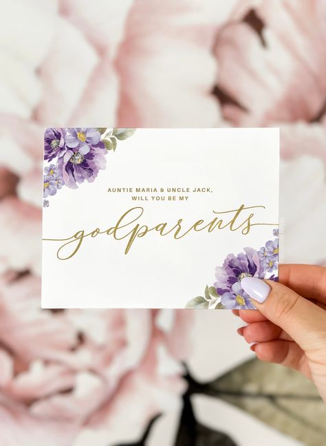 Floral will you be my Godparents card, Godparents proposal card, be my Godparents, Godparents proposal, will you be my Godparents. Godparent Will You Be My Godparents Proposal, God Parents, Colored Envelopes, Personal Message, Purple Floral, All Design, Color Choices, Card Stock, First Love