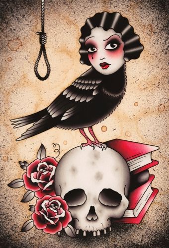 Muriel Raven On Skull, Jerry Wallpaper, Angelique Houtkamp, Goddess Morrigan, Old School Ink, Old Scool, Sailor Jerry Tattoos, Traditional Style Tattoo, Emo Scene Hair