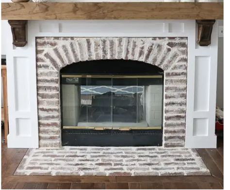 Old Mill Brick Castle Gate, Mantle With Corbels, Old Mill Brick, High Heat Paint, Rustic Mantle, Tile Edge Trim, Fireplace Update, Castle Gate, Fireplace Cover