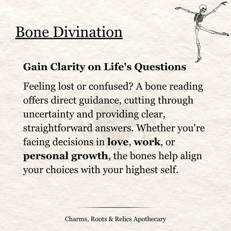 Bone divination is the ancient and traditional practice used by various indigenous cultures across Africa, Asia and Native America for spiritual guidance, decision making and communication with ancestors or deities. The bones are conduits of ancestral knowledge and wisdom. Have you had a bone reading before? Tell us how it was for you, would you recommend to someone else? If you've never had a bone reading, what exactly are you waiting for? This is your sign! Fill the General Consultation... Bones In Witchcraft, Reading Bones, Bone Divination, Casting Bones Divination, Finding Animal Bones, Life Questions, Bone Crafts, Divination Tools, Indigenous Culture