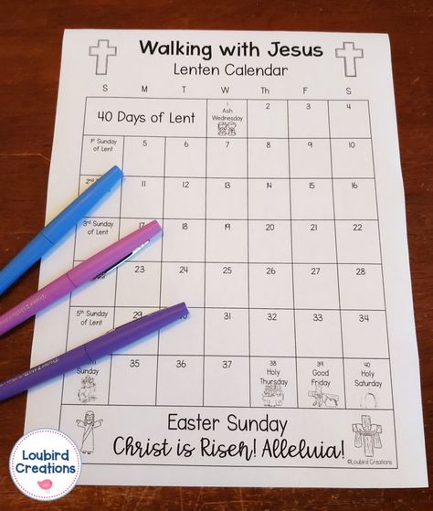 Free Lent Calendar for Kids - Loubird Creations Lent Calendar For Kids, Fasting Calendar, Lent Calendar, Lent Kids, Orthodox Fasting, Ccd Activities, Lenten Activities, Lent Devotional, Kindergarten Calendar