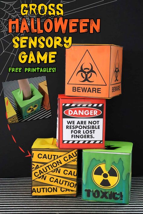 Gross Halloween sensory game made from tissue box! FREE PRINTABLES #halloween #classroomgame - A girl and a glue gun Mystery Box For Kids, Mystery Box Ideas, Goosebumps Party, Halloween Ideias, Tissue Box Crafts, Roll A Dice, Classroom Party Games, Sensory Games, Halloween Sensory