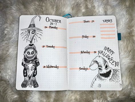 #bulletjournaling #bulletjournals #bulletjournalideas #bujoideas #bujoinspiration #bulletjournalinspiration #nightmarebeforechristmas #illustration #weeklyspread #planner #halloween #halloweentheme #jackskellingtonart October Weekly Spread, Random Journal, Christmas Bullet Journal, Bullet Journal Halloween, Halloween Journal, Goals Bullet Journal, Bullet Journal Paper, Journal Bullet, Bulletin Journal Ideas