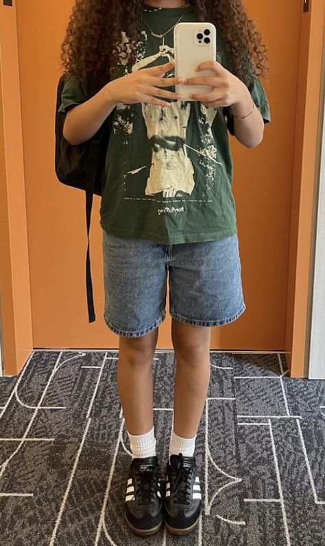 H&m Shorts Outfit, Jorts And Samabas, Jorts On Short People, Jorts And Baggy Top, Empyre Jorts Outfits, Sambas And Jorts Outfit, Unisex Outfits Summer, Jorts And Oversized Shirt, Jorts Outfit Women’s Midsize