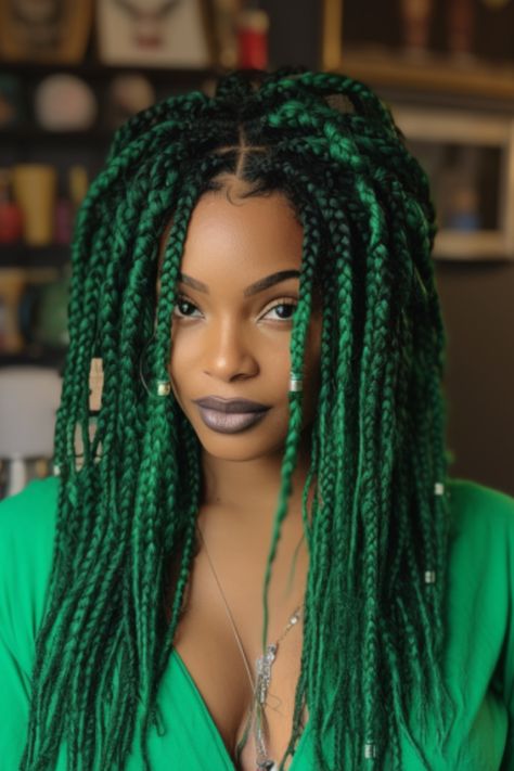 For those who want to make a bold statement, knotless green goddess braids are a great choice. The addition of beads adds contrast and draws attention to your vibrant bead arrangement. Click here to check out more best knotless braids with beads hair ideas. Green Goddess Braids, Green Braids, Knotless Braids With Beads, Beads Hair, Cool Braid Hairstyles, Braids With Beads, Black Goth, Protective Style, Cool Braids