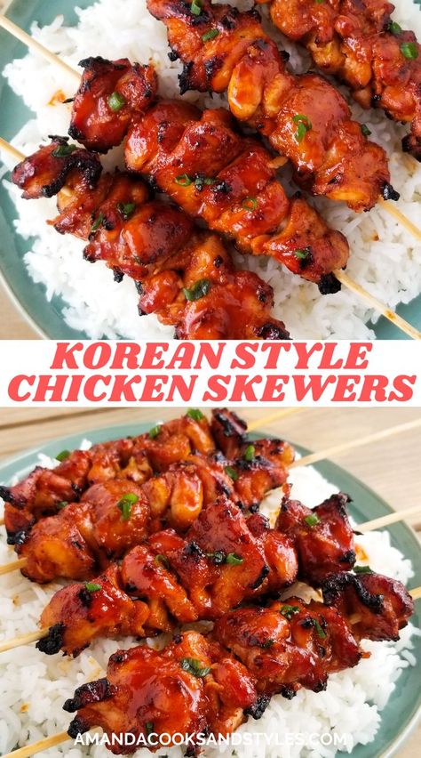 Korean Chicken Skewers – Amazing slightly spicy, flavor-packed Korean style grilled chicken skewers/kabobs marinated with bold Korean flavors and grilled to perfection! Korean Chicken Kabobs, Korean Style Bbq Chicken, Lunch Skewers, Asain Food Recipe, Salt And Chilli Chicken, Bbq Chicken Skewers, Foreign Recipes, Asain Food, Korean Bbq Chicken