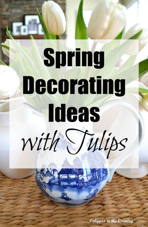 Spring Decorating Ideas with Tulips and Bunnies.  Easy spring decor and Easter inspiration for your home.  Includes simple vignettes and blue and white decor #springdecor #springdecorating #decoratingideas #easterdecor #tulips Decorating With Tulips, Blue Spring Decor, Simple Spring Centerpiece Ideas, Blue And White Mantle Decor, Mantle Decor Diy, Easy Spring Decor, Simple Spring Decor, Easter Mantle Decor, Spring Mantle Decor