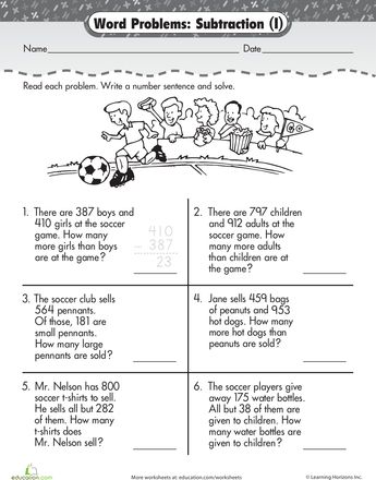 Worksheets: Word Problem Fun: 3-Digit Subtraction at the Game 3 Digit Addition Word Problems 2nd Grade, Addition And Subtraction Word Problems 3rd, Subtraction Word Problems 3rd Grade, 3 Digit Subtraction Word Problems, Double Digit Subtraction, Word Problems 3rd Grade, 3 Digit Addition And Subtraction, 3 Digit Subtraction, Game Worksheet