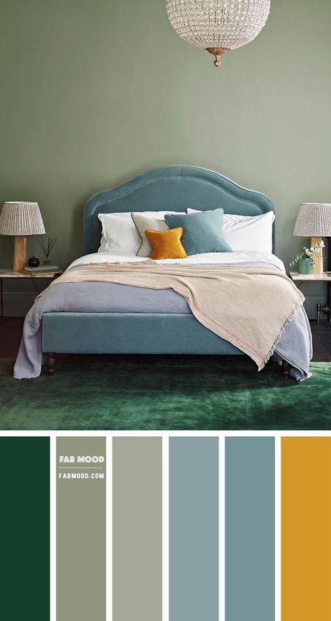 Looking for a soothing color for bedroom? Consider sage green color. Whether you use it as an accent, or decorate your entire bedroom. The monochrome sage-green color scheme is very... Mustard And Turquoise Bedroom, Ocre Color Palette Bedroom, Mustard Yellow Color Palette Bedroom, Mustard Sage Color Palettes, Yellow Bed Bedroom, Mustard Bedroom Ideas Colour Palettes, Sage And Blue Bedroom Ideas, Hunter Green And Mustard Yellow Bedroom, Green And Ochre Bedroom