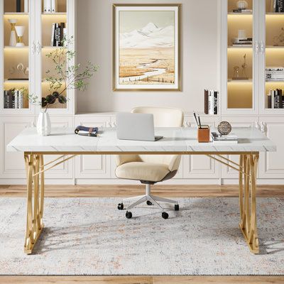 Home Executive Office, White Gold Office Decor, Home Office L Shaped Desk Layout, Adjustable Desk Home Office, Office Desk Decor For Work, White Gold Office, Womens Home Office, Womens Home Office Ideas, Nautical Office