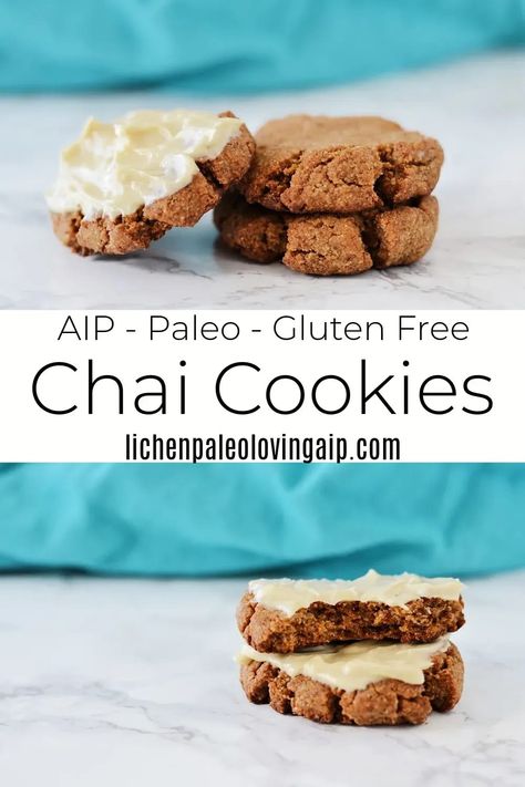 These chai cookies are soft, thick, and topped with a simple maple frosting. They are also completely AIP, paleo, gluten and dairy free! Aip Cookies, Chai Cookies, Aip Baking, Aip Diet Recipes, Autoimmune Recipes, Candida Recipes, Autoimmune Paleo Recipes, Maple Frosting, Aip Paleo Recipes