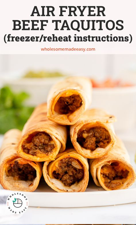 Deliciously seasoned beef and cheese rolled into tortillas and cooked to crispy perfection! These Air Fryer Beef Taquitos are a low fat, low calorie way to enjoy a Mexican-inspired meal. #taquitos #mexicanfood #airfryer #fingerfood #easyrecipes #snacks #mealprep #freezerfriendly #freezermeals #groundbeef #beef Airfryer Recipes Mexican, Freezer Taquitos Beef, Freezer Beef Taquitos, Air Fryer Beef Quesadilla, Low Calorie Taquitos, Air Fryer Beef Tacos, Ground Beef Flautas Air Fryer, Pork Taquitos Air Fryer, Homemade Taquitos Beef Air Fryer