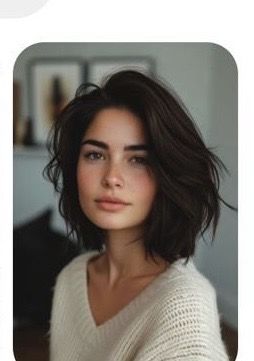 Neck Length Brown Hair, Short Brown Hair Oval Face, Pear Hairstyles, Cami Cut Hair, Dark Academia Bob Hair, Dark Chocolate Brown Hair Short Bob, Deep Chocolate Brown Hair Short, Dark Brown Chin Length Hair, Dark Brown Bob Curtain Bangs