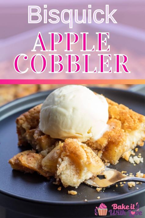 Super tasty Bisquick apple cobbler is a satisfying classic comfort food that combines spiced apples with an easy Bisquick baking mix batter! It bakes up to perfection with just a few ingredients and minimal fuss, but is sure to get rave reviews from everyone! BakeItWithLove.com #bakeitwithlove #bisquickapplecobbler #bisquickrecipes #easydesserts #applecobbler Apple Cobbler Easy Bisquick, Bisquick Meals, Bisquick Desserts, Bisquick Apple Cobbler, Bisquick Cobbler Recipes, Impossible Recipes, Bisquick Mix Recipe, Cobbler With Bisquick, Apple Cobbler Easy