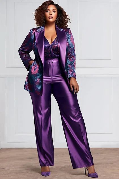 Xpluswear Plus Size Womens Pants Suit, Evening Wear Plus Size, Cocktail Attire Plus Size Women, Plus Size Glam Outfits, Winter Wedding Guest Outfit Plus Size, Plus Size Colorful Outfits, Size 14/16 Outfits, Purple Party Outfit, Purple Outfits Black Women