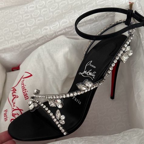 These Heels Are Gorgeous! The Crystals Definitely Complement The Red Bottom, Eye Catchers! They Are A Size 37 But They Run Small. Brand New Never Worn, Paid $1800 Originally In March. Vintage Louboutin Heels, Old Hollywood Heels, Black Red Bottom Heels, 2000s Heels, Expensive Heels, Red Carpet Shoes, Quinceanera Shoes, Dior Heels, Red Bottom Heels