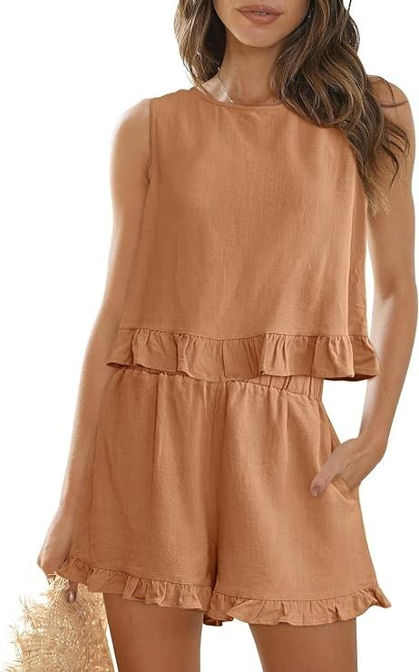 AUTOMET 2 Piece Outfits for Women Cruise Resort Wear 2024 Summer Vacation Sleeveless Linen Ruffle Crop Top Casual Lounge Sets Tracksuits Short Pants Jumpsuits Cute Boho Clothes at Amazon Women’s Clothing store Linen Style Fashion, Sleeveless Tops Summer, Top Outfit, Versatile Outfits, Linnet, Sleeveless Crop Top, Linen Shorts, Suit Fashion, Fashion Mode